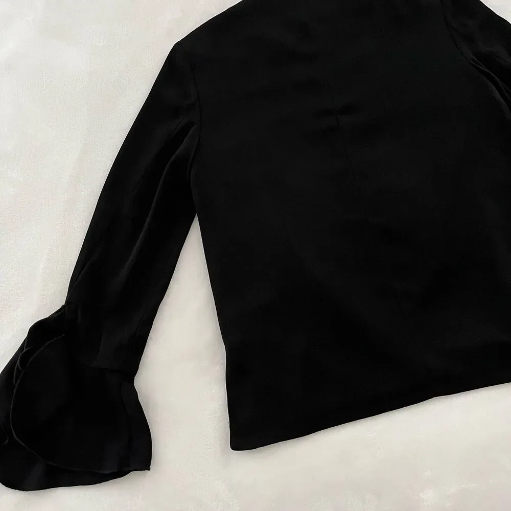 Zara Black Crepe Full Zip Ruffle Bell Sleeve Jacket, Size S NWOT
